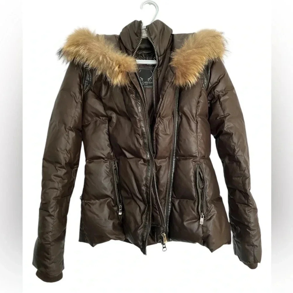 Women's Brown Puffer Jacket with Faux Fur Trim